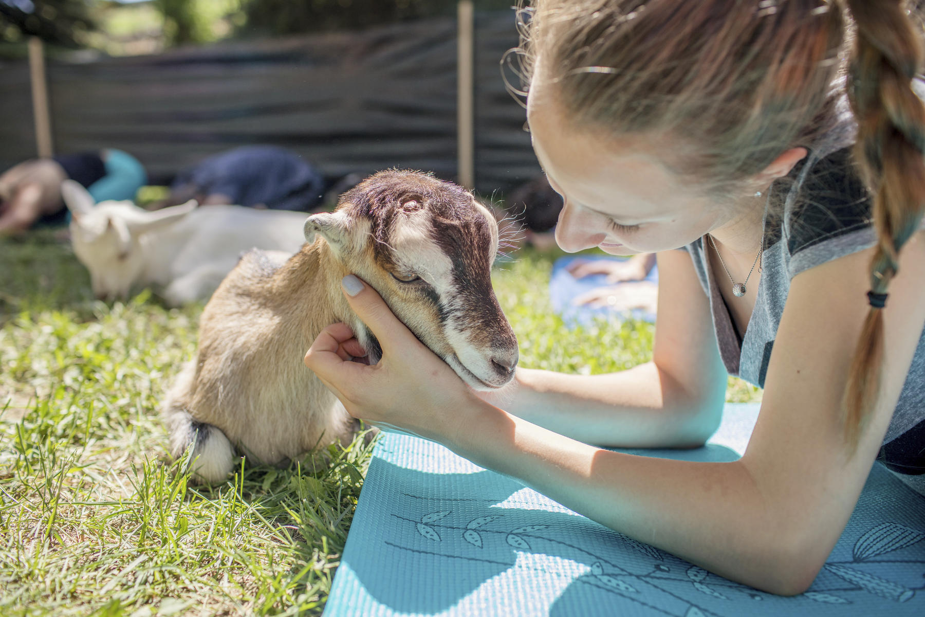 Goat Yoga Girl Petting Little Goat