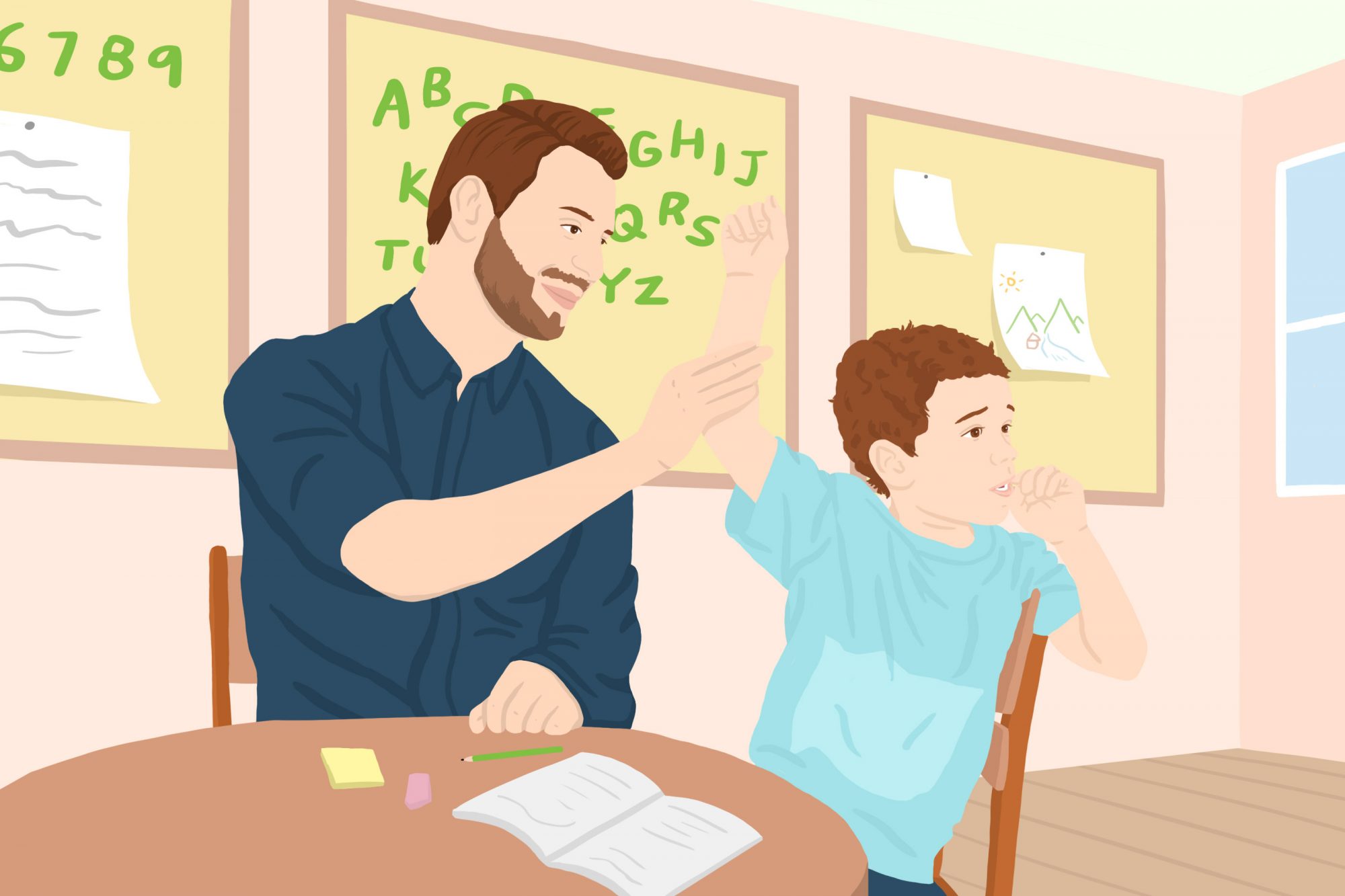 Illustration of student and dad in a classroom