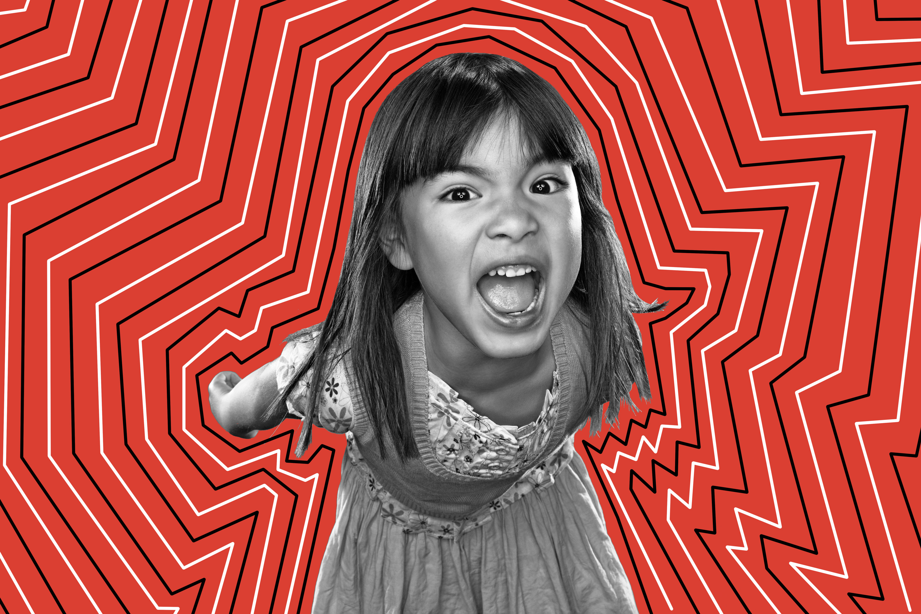 girl screaming with hand-drawn lines around her